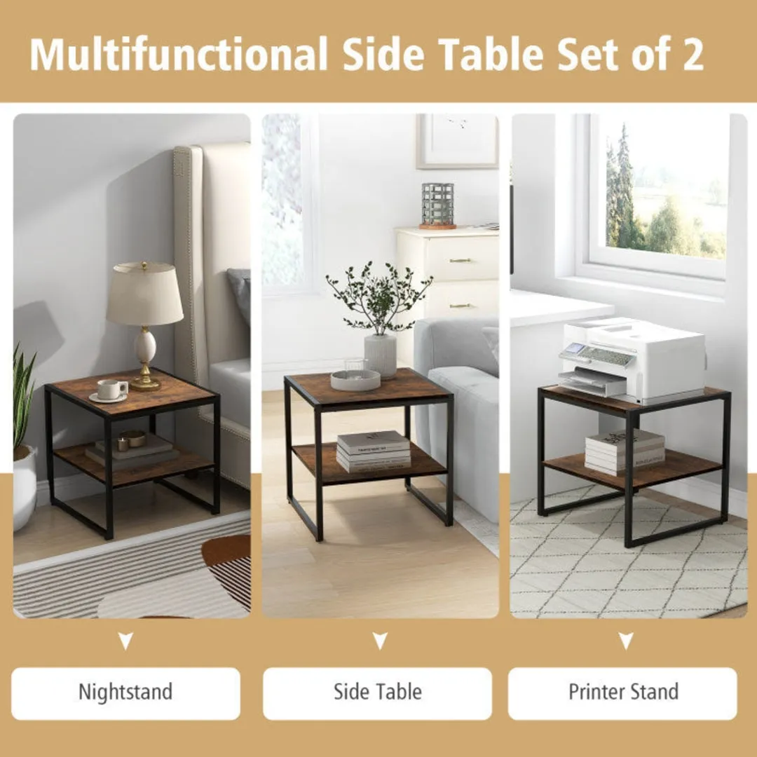 2 Pieces Industrial 2-Tier Side Table Set with Open Shelf