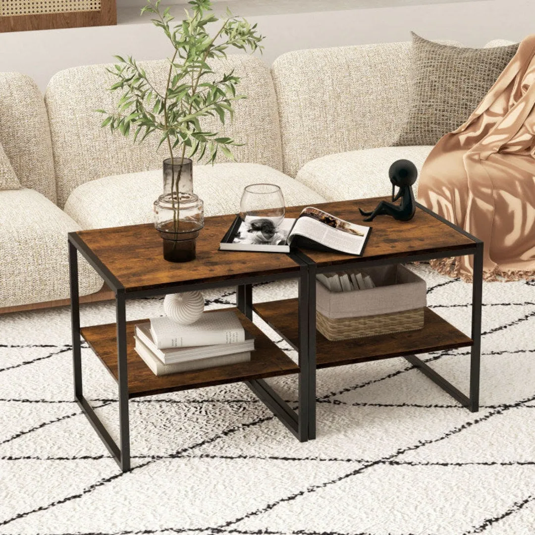 2 Pieces Industrial 2-Tier Side Table Set with Open Shelf