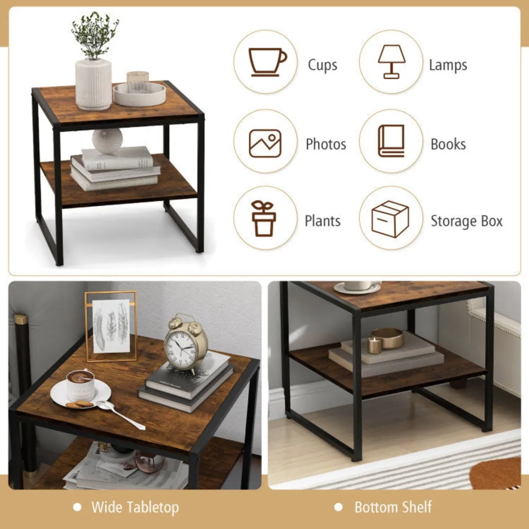 2 Pieces Industrial 2-Tier Side Table Set with Open Shelf