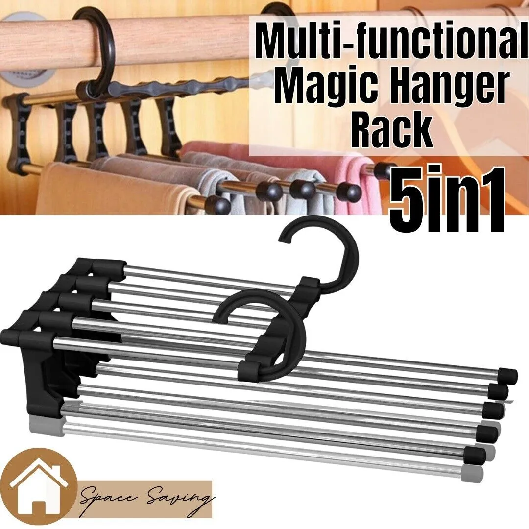 5 In1 Multi-functional Pants Rack Shelves Stainless Steel Wardrobe Magic Hanger