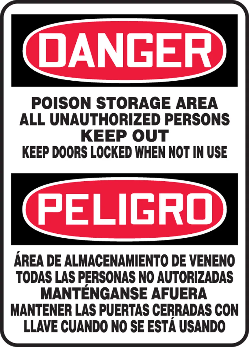 Accuform® 14" X 10" Red, Black And White Aluminum Spanish/English Bilingual Safety Signs "DANGER POISON STORAGE AREA ALL UNAUTHORIZED PERSONS KEEP OUT KEEP DOORS LOCKED WHEN NOT IN USE-¦"