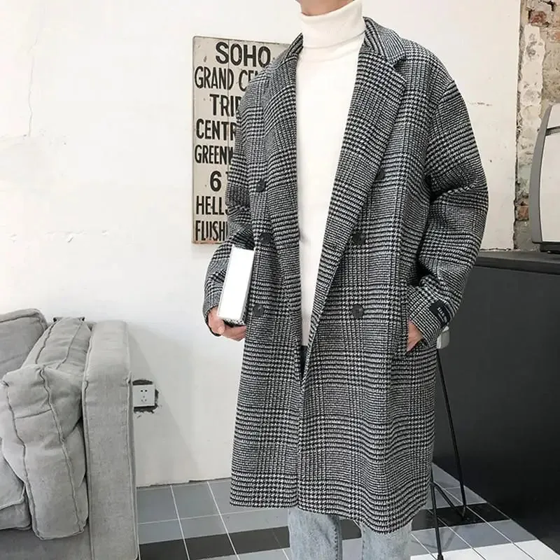 Aidase Long Winter Men's Coat Houndstooth Warm Wool Men's Long Coat Long Jackets For Winter Men 2024 New Korean Reviews Clothes