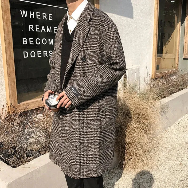 Aidase Long Winter Men's Coat Houndstooth Warm Wool Men's Long Coat Long Jackets For Winter Men 2024 New Korean Reviews Clothes