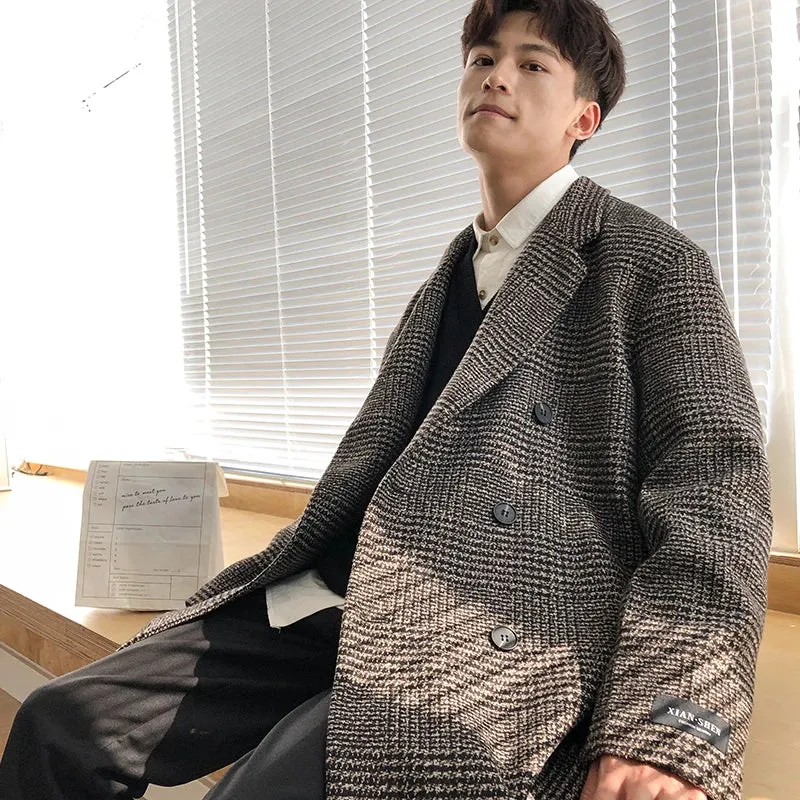 Aidase Long Winter Men's Coat Houndstooth Warm Wool Men's Long Coat Long Jackets For Winter Men 2024 New Korean Reviews Clothes