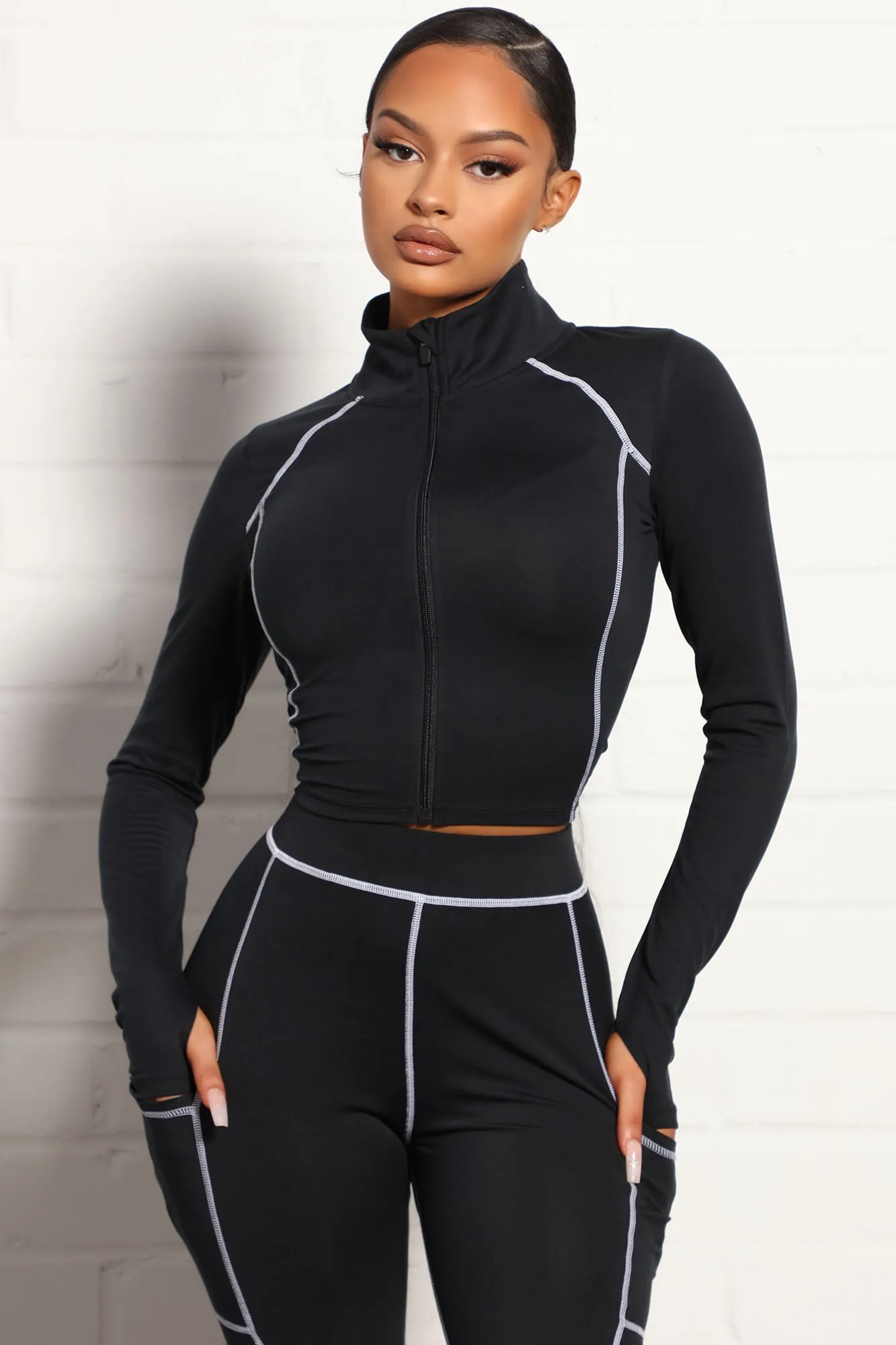 All You Got Active Contrast Stitch Super Soft Crop Jacket - Black