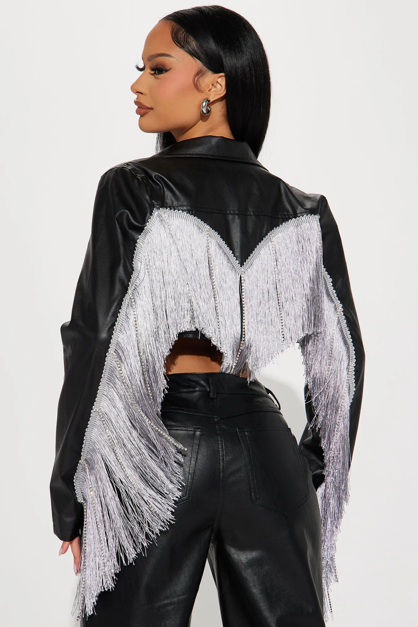 Aniyah Cropped Faux Leather Moto Jacket - Black