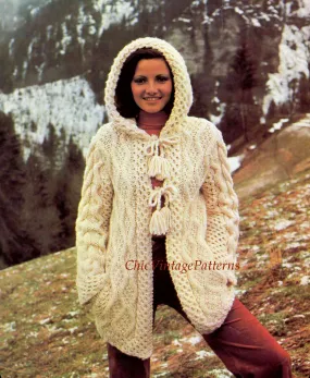 Aran Hooded Jacket Knitting Pattern, Ladies Long Cardigan, Instant Download