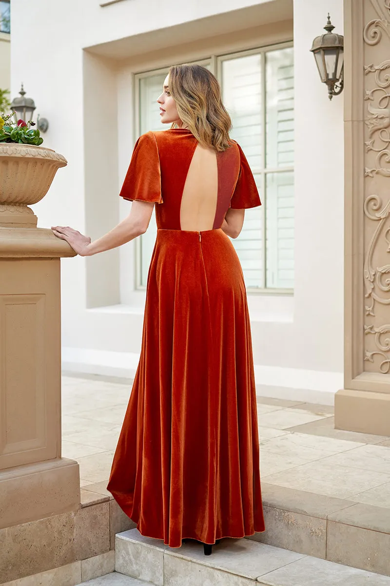 B4117 - V-Neck Short Sleeves Ruched Velvet A-Line Long Bridesmaid Dress