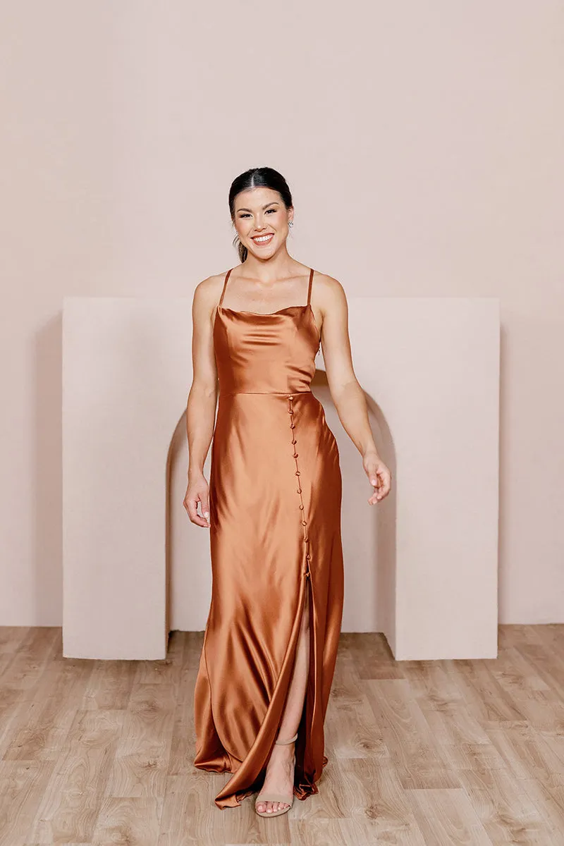 B4142 - Spaghetti Straps Satin Sheath Long Bridesmaid Dress With Slit