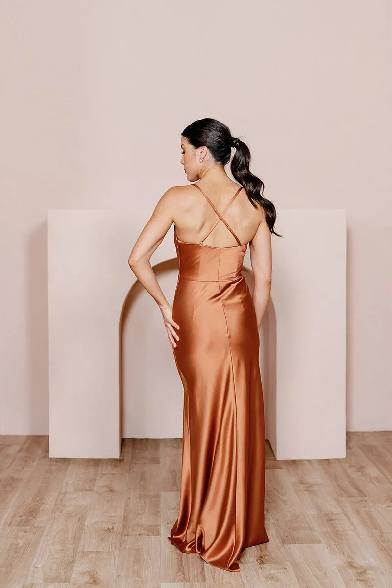 B4142 - Spaghetti Straps Satin Sheath Long Bridesmaid Dress With Slit