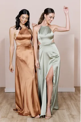 B4147 - Spaghetti Straps Cut Outs Satin A-Line Long Bridesmaid Dress With Slit