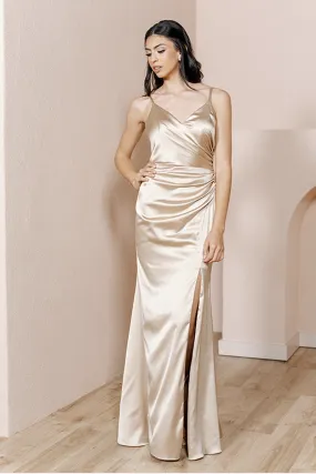 B4154 - V-Neck Spaghetti Straps Ruched Sheath Long Bridesmaid Dress