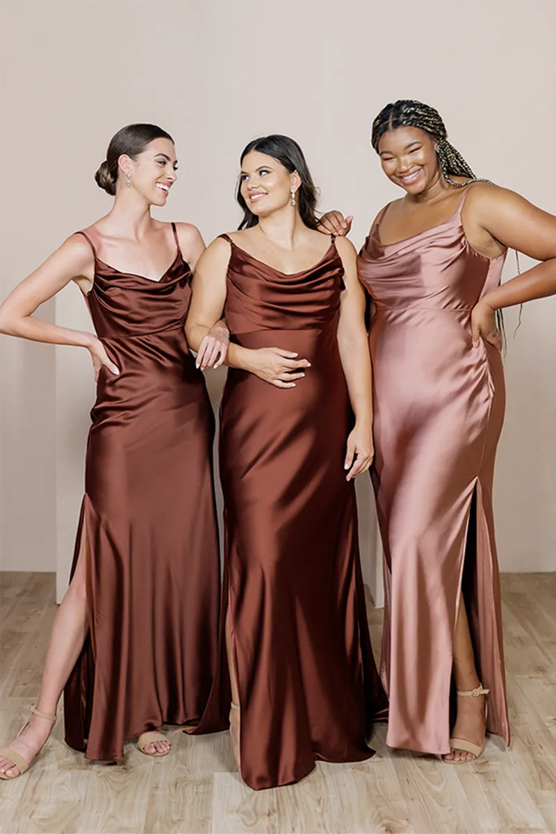 B4155 - Scoop Spaghettti Straps Ruched Satin Sheath Long Bridesmaid Dress