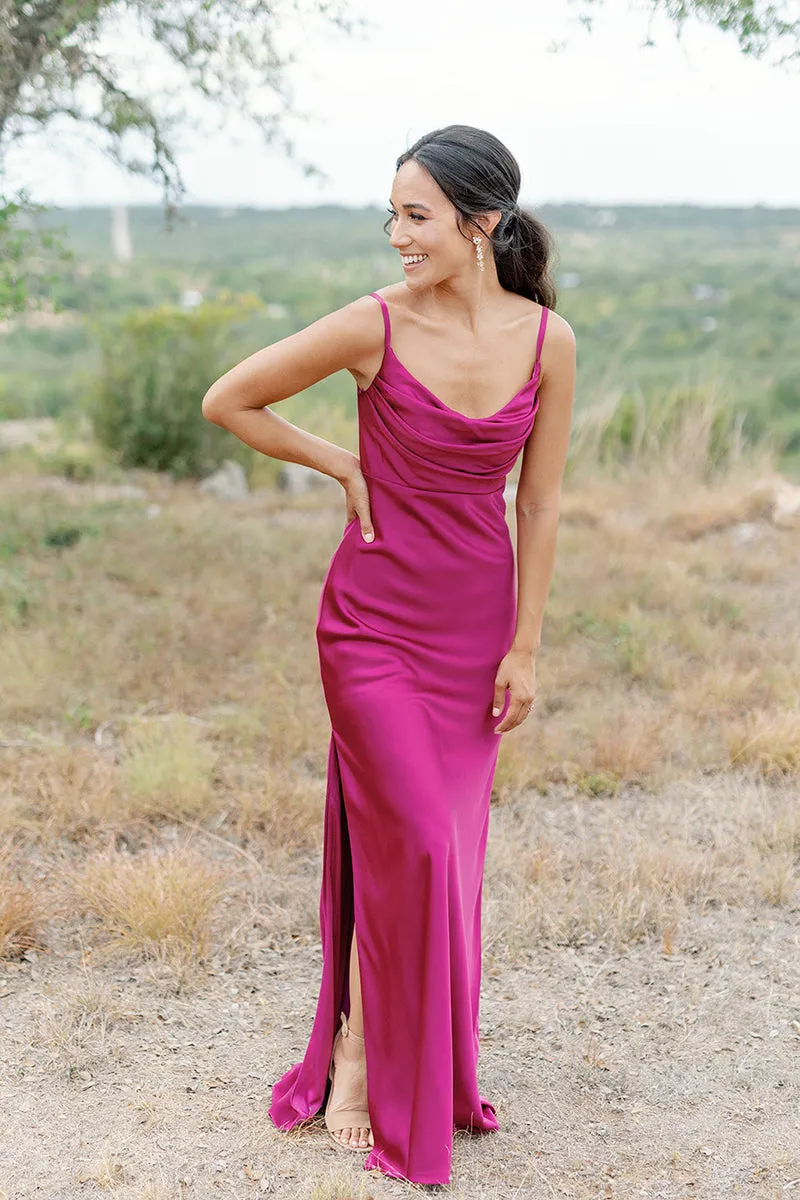 B4155 - Scoop Spaghettti Straps Ruched Satin Sheath Long Bridesmaid Dress