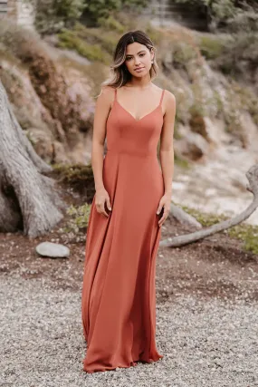 B4165 - V-Neck Spaghetti Straps Sleeveless Satin A-Line Long Bridesmaid Dress