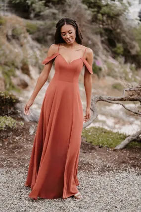 B4167 - V-Neck Off-Shoulder Sleeveless Satin A-Line Long Bridesmaide Dress