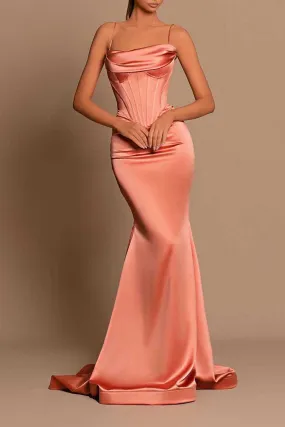 B4189 - Spaghetti Straps Sleeveless Ruched Satin Sheath Long Bridesmaid Dress