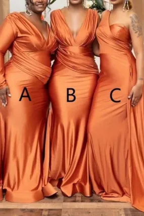 B4250 - Mismatched Orange Ruched Satin Sheath Long Bridesmaid Dress