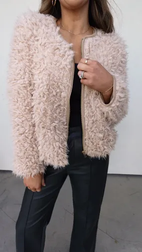 Beige Fuzzy Fur Zip-Up Jacket