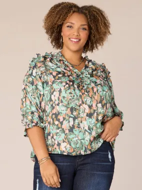 Below Elbow Sleeve Stand Collar V-Neck Printed Plus Size Woven Top