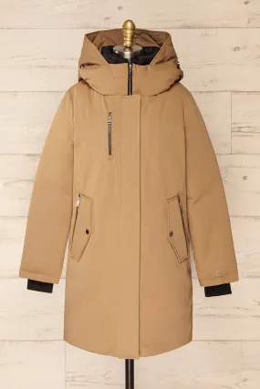 Bilena Beige | Mid-Length Down Coat w/ Puffy Bib