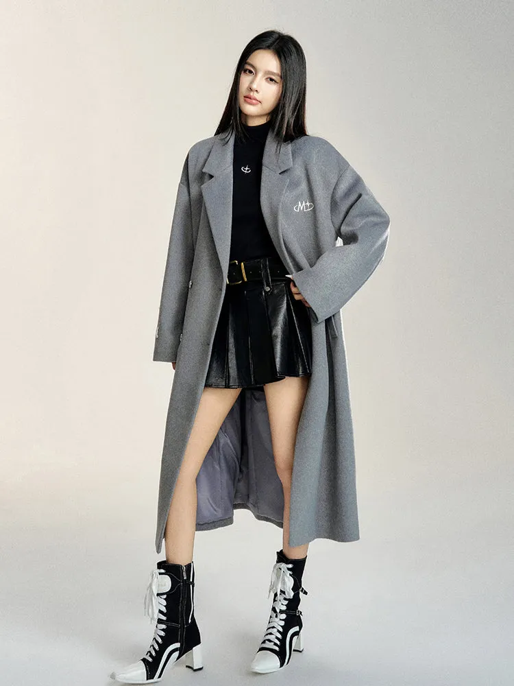 Black & Gray Double-Breasted Long Wool Coat