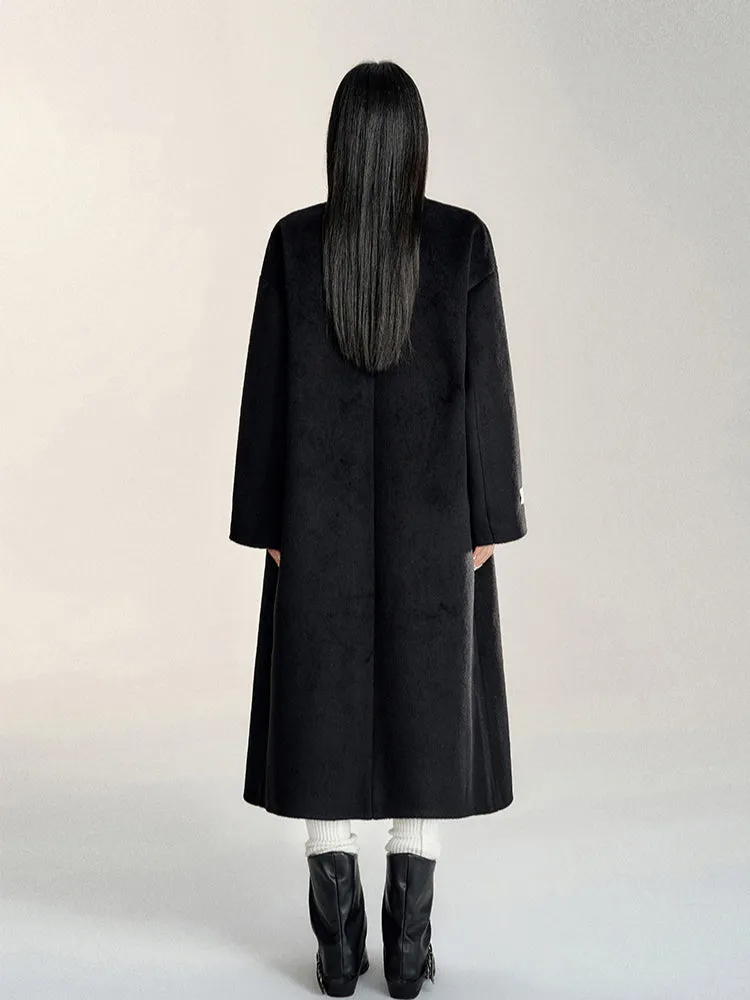 Black & Gray Double-Breasted Long Wool Coat