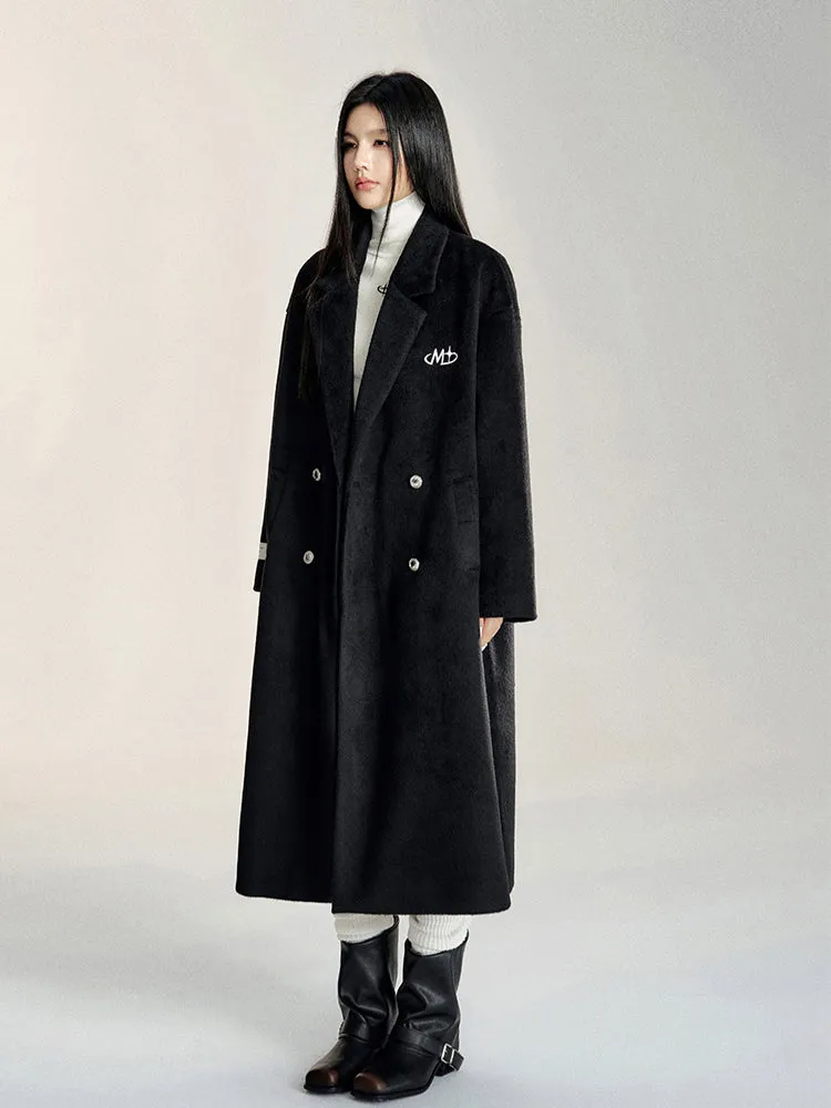 Black & Gray Double-Breasted Long Wool Coat