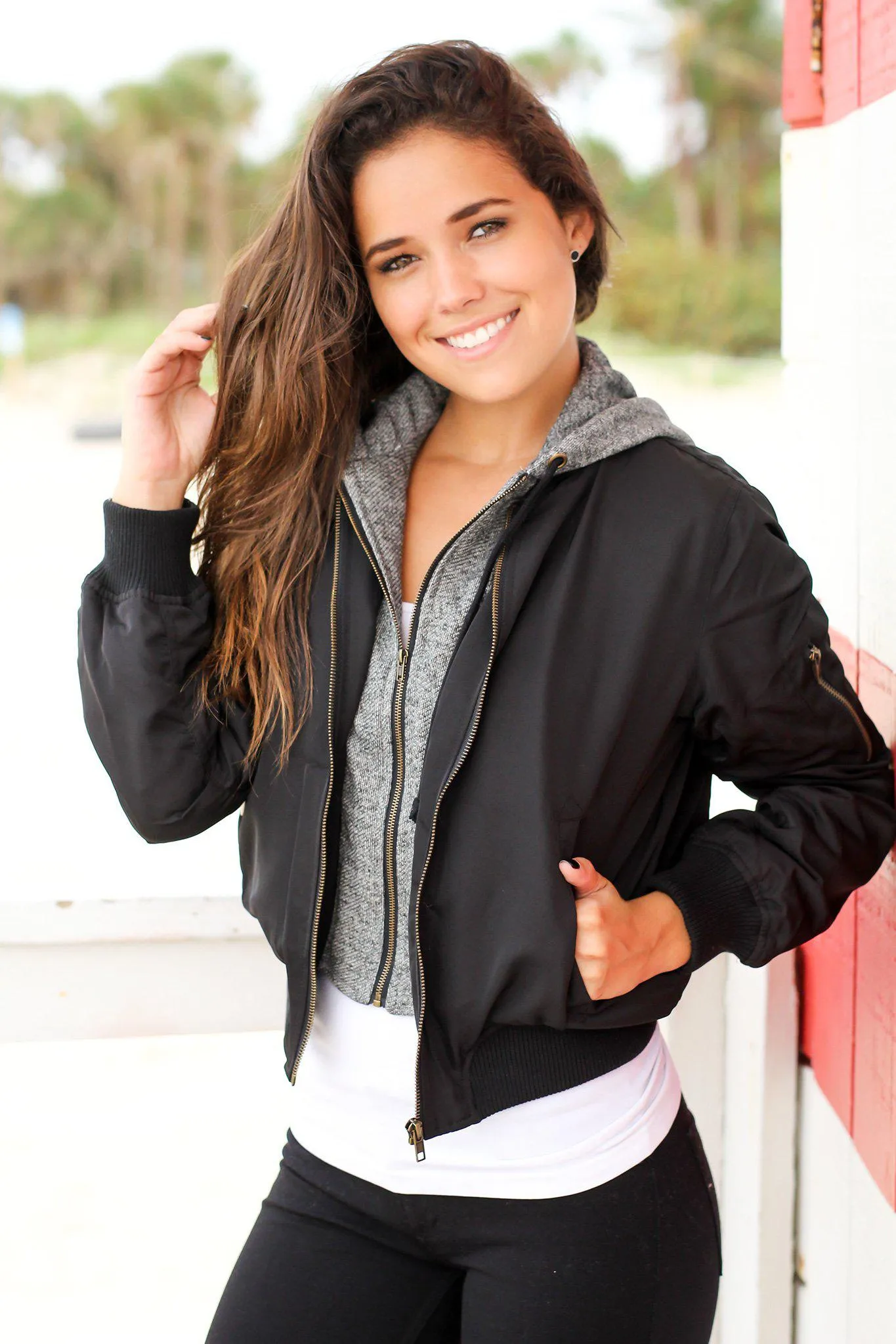 Black Bomber Jacket with Gray Hood