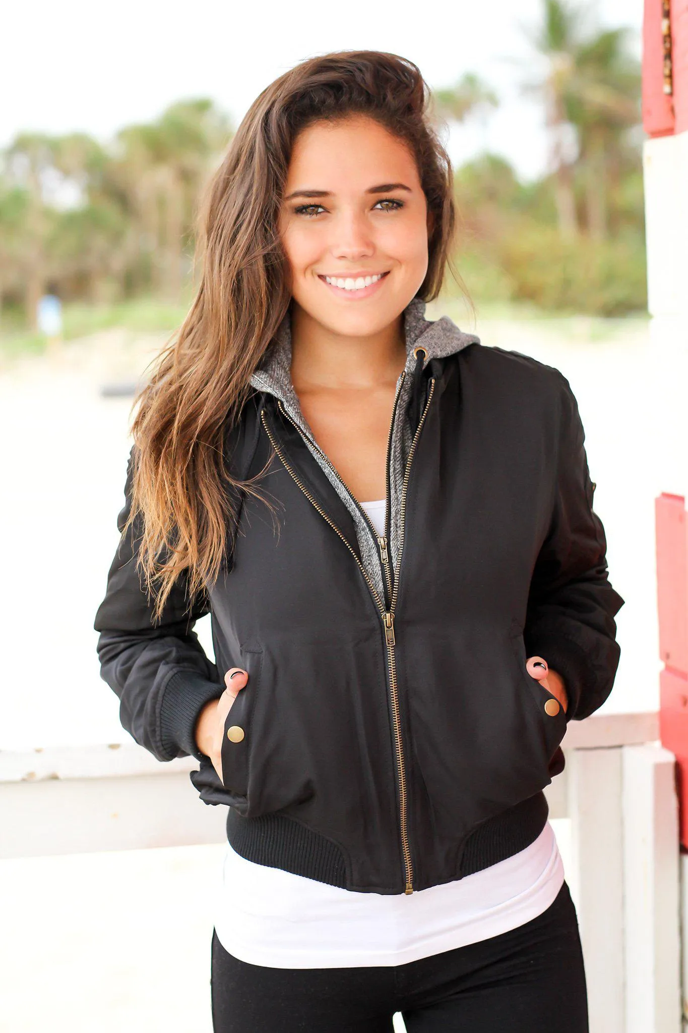 Black Bomber Jacket with Gray Hood