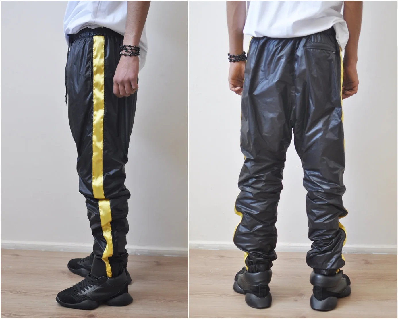 Black Gold Nylon Contrast Side Stripe Jogger Track Pants