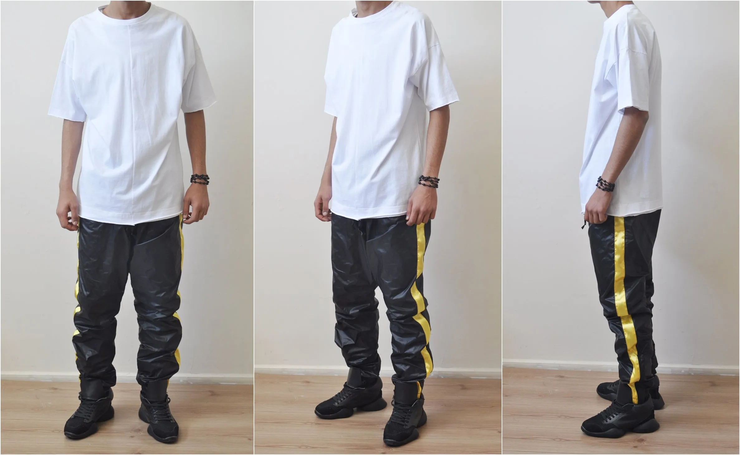 Black Gold Nylon Contrast Side Stripe Jogger Track Pants