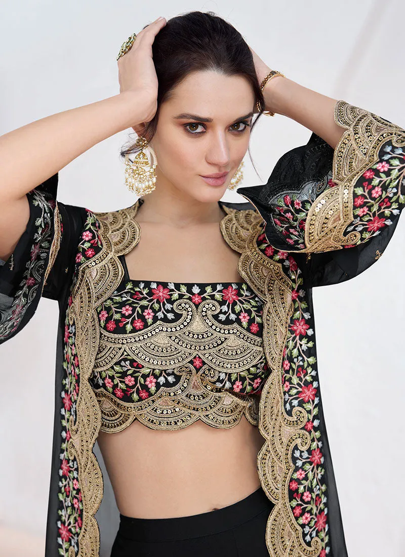 Black Multi Embroidered Designer Jacket Style Lehenga