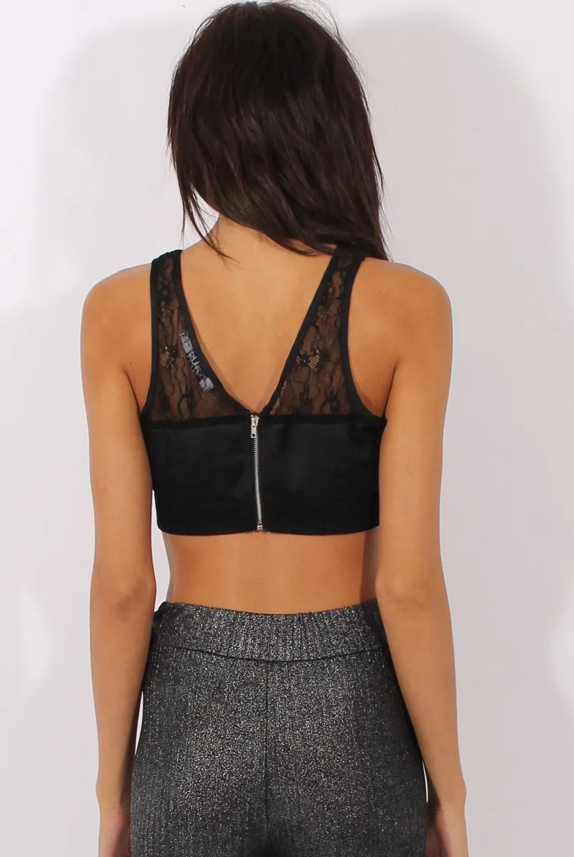 Black Satin Lace Trim Crop Top - Atlanta