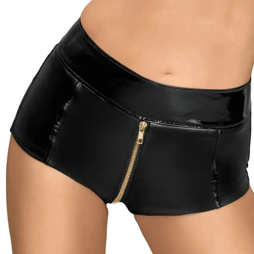 Black Sexy Wet Look Zip Up Hot Pants for Her