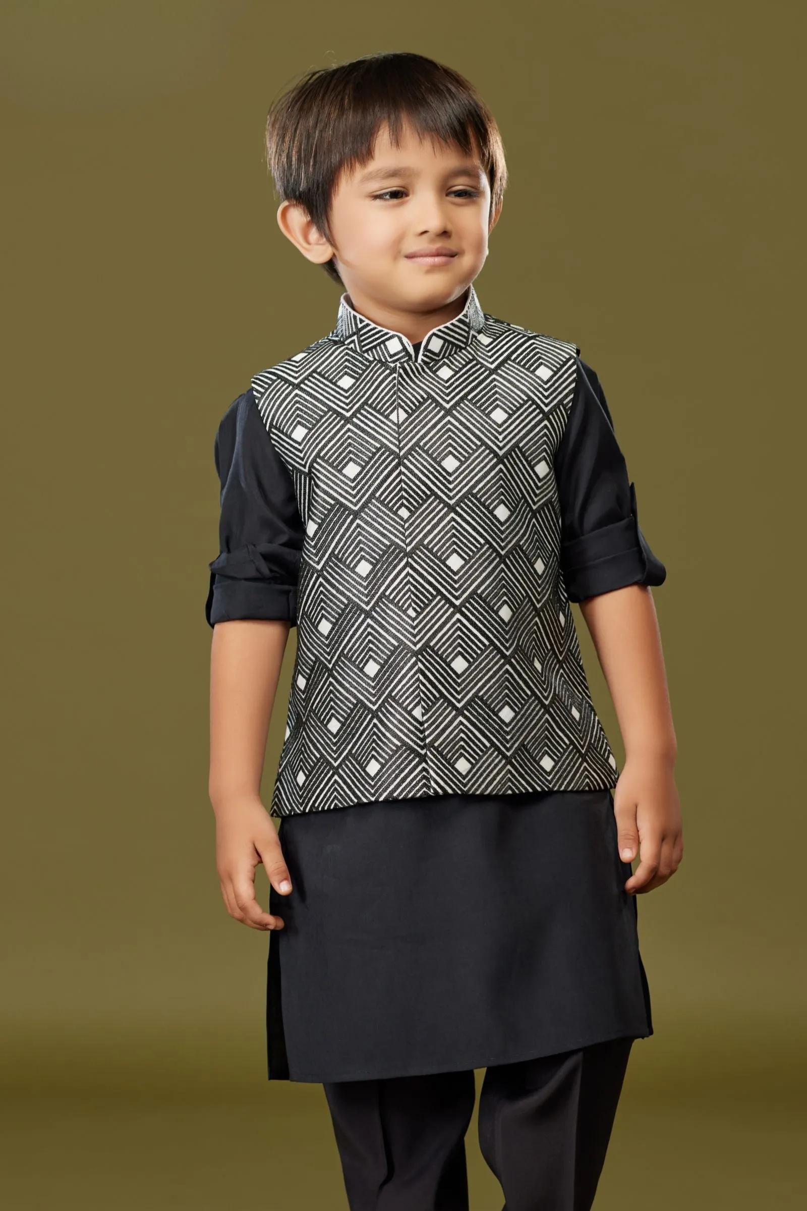 Black with White Thread work Waist Coat Kurta Set for Boys