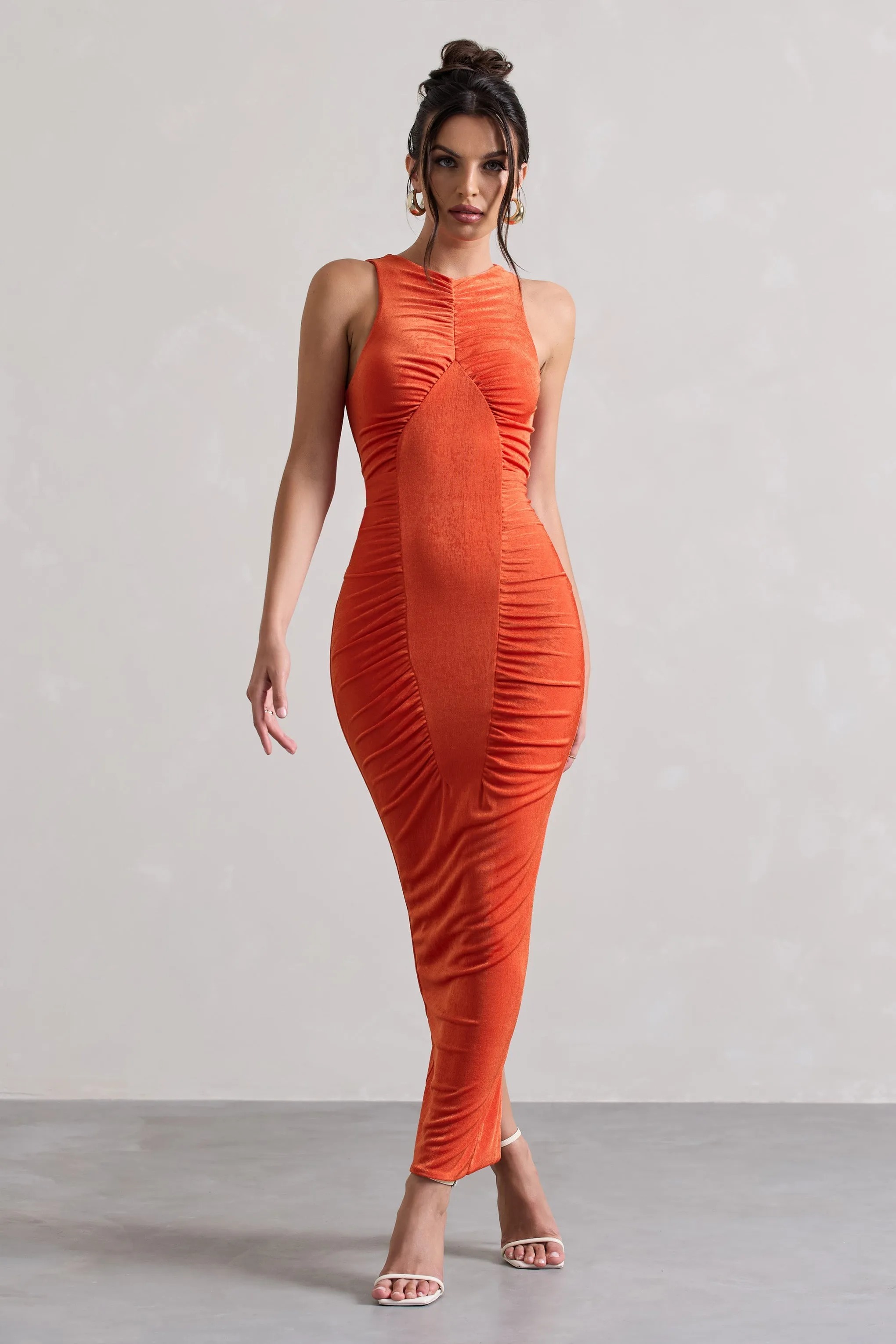 Bombshell | Orange High Neck Diamond Ruched Maxi Dress