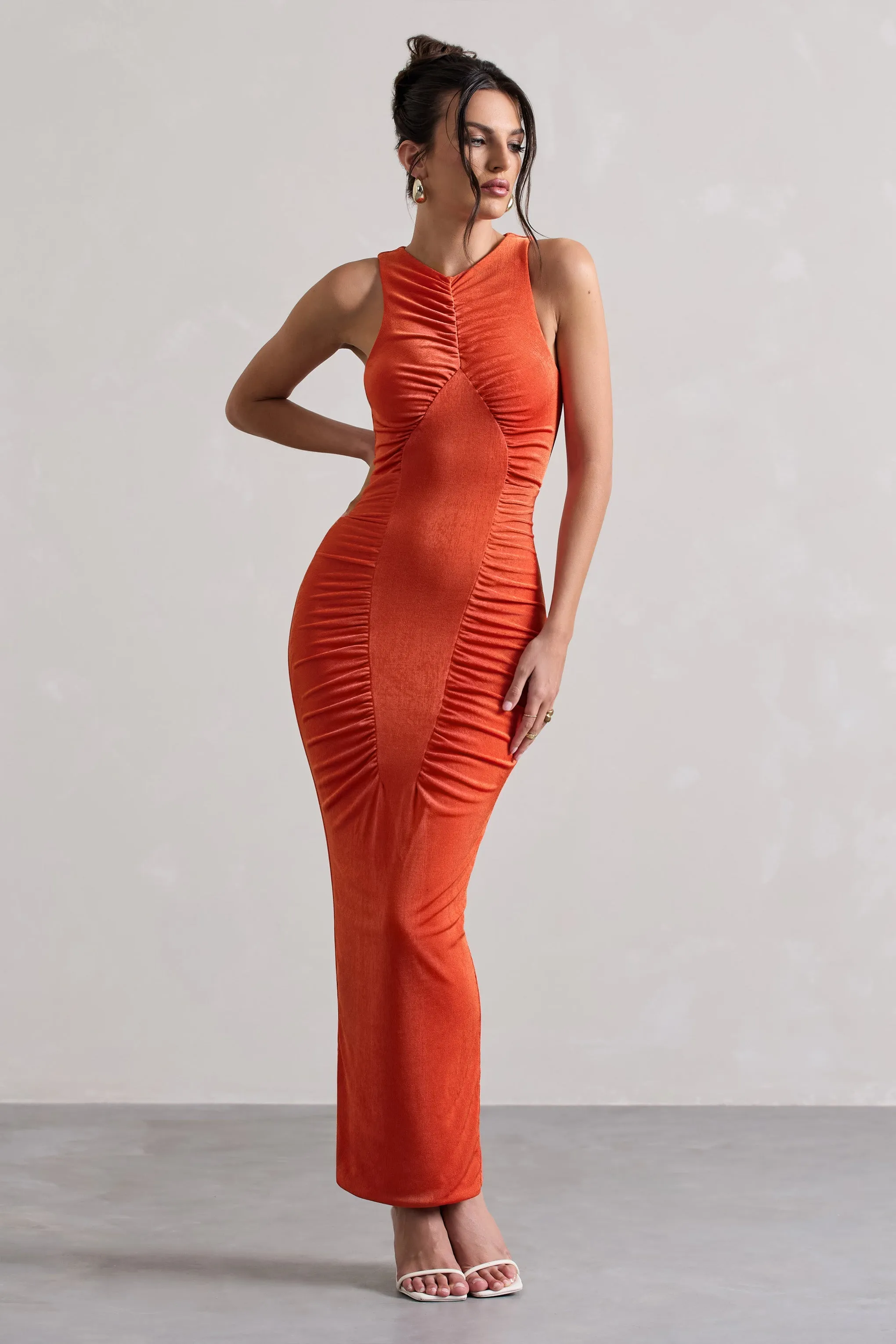 Bombshell | Orange High Neck Diamond Ruched Maxi Dress