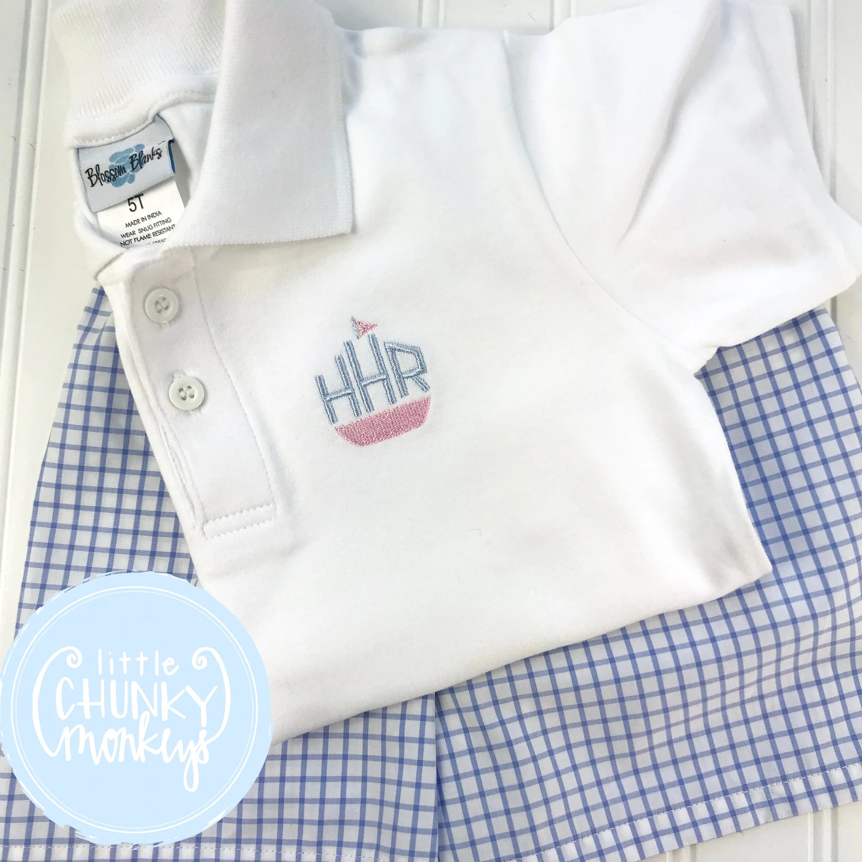 Boy Polo Shirt- Mini Tug Boat   Monogram on White Polo Shirt