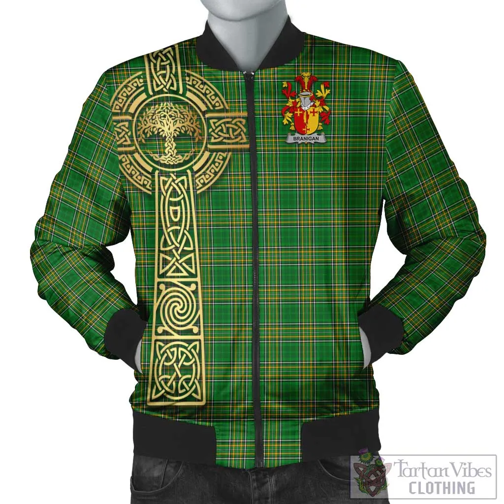 Branigan Irish Clan Tartan Bomber Jacket with Coat of Arms Celtic Tree of Life Style