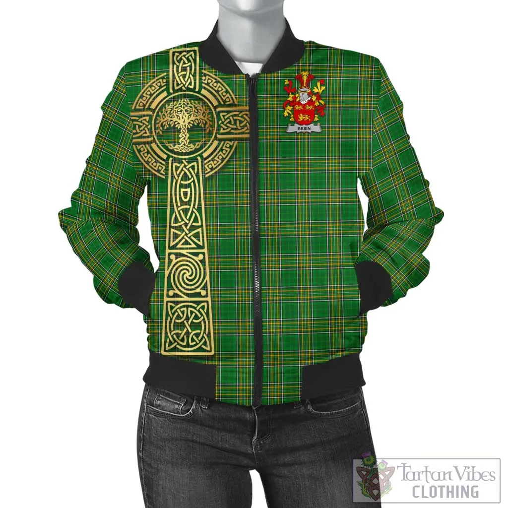 Brien Irish Clan Tartan Bomber Jacket with Coat of Arms Celtic Tree of Life Style