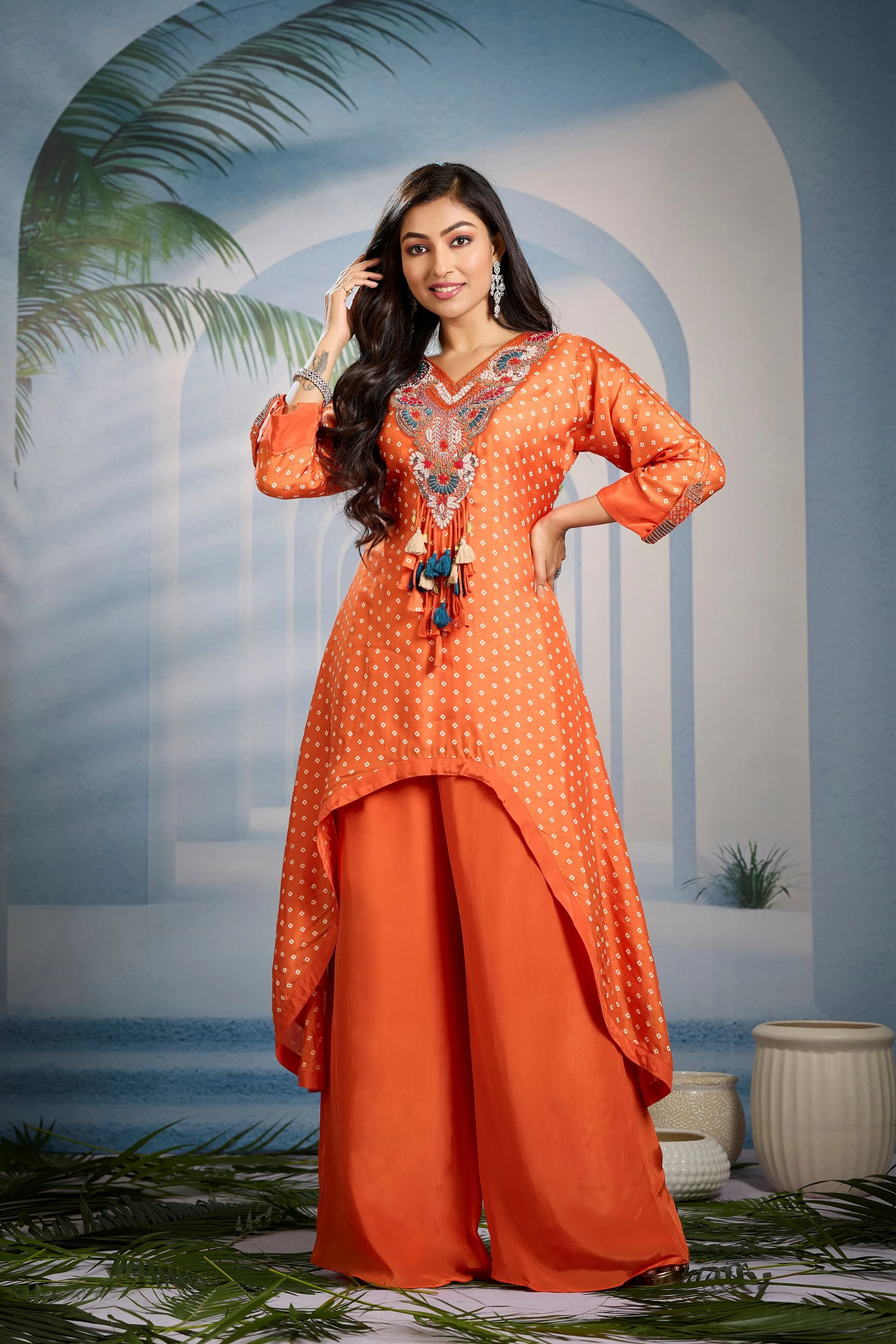 Bright Orange Bandhani Printed Kurta Set