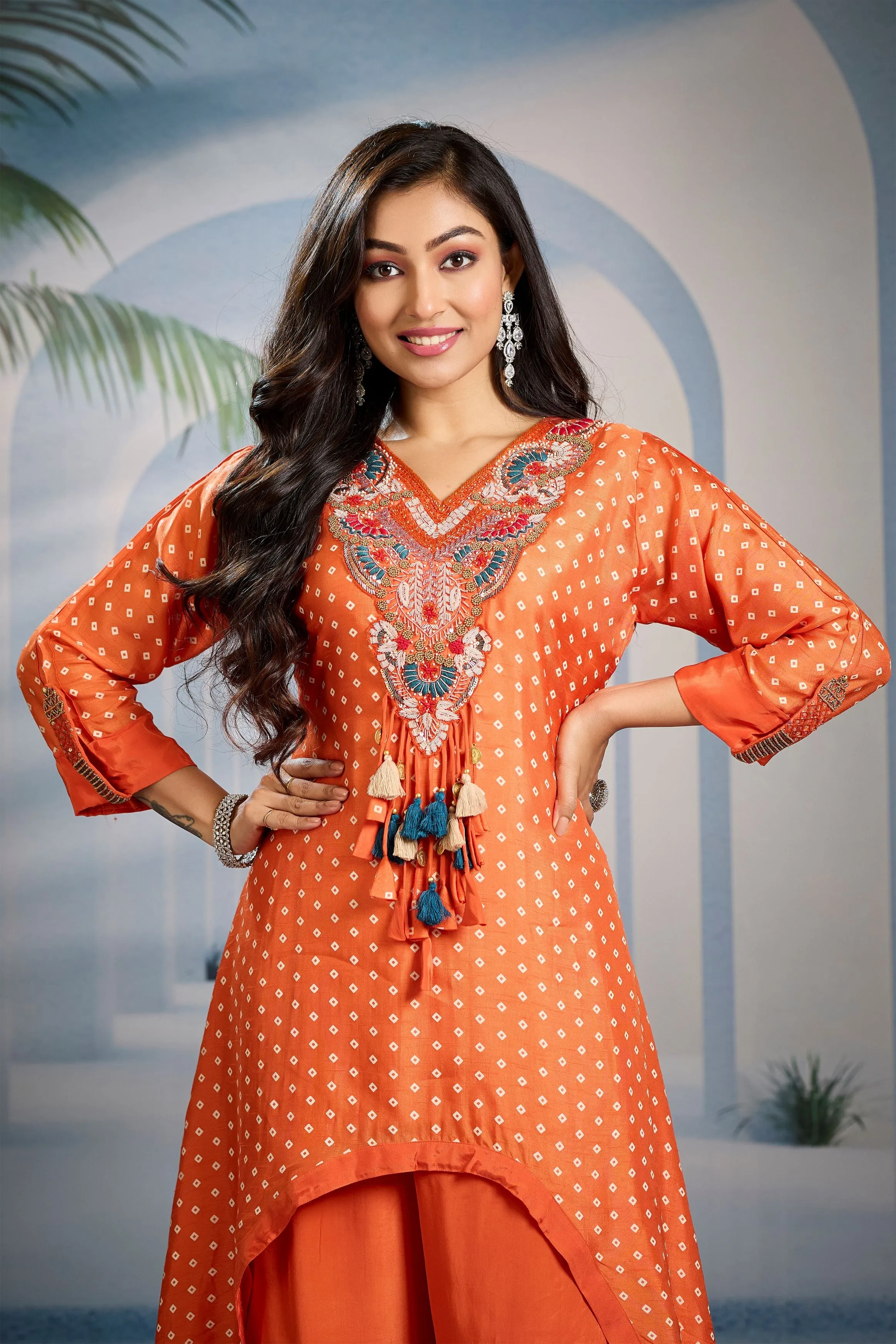 Bright Orange Bandhani Printed Kurta Set