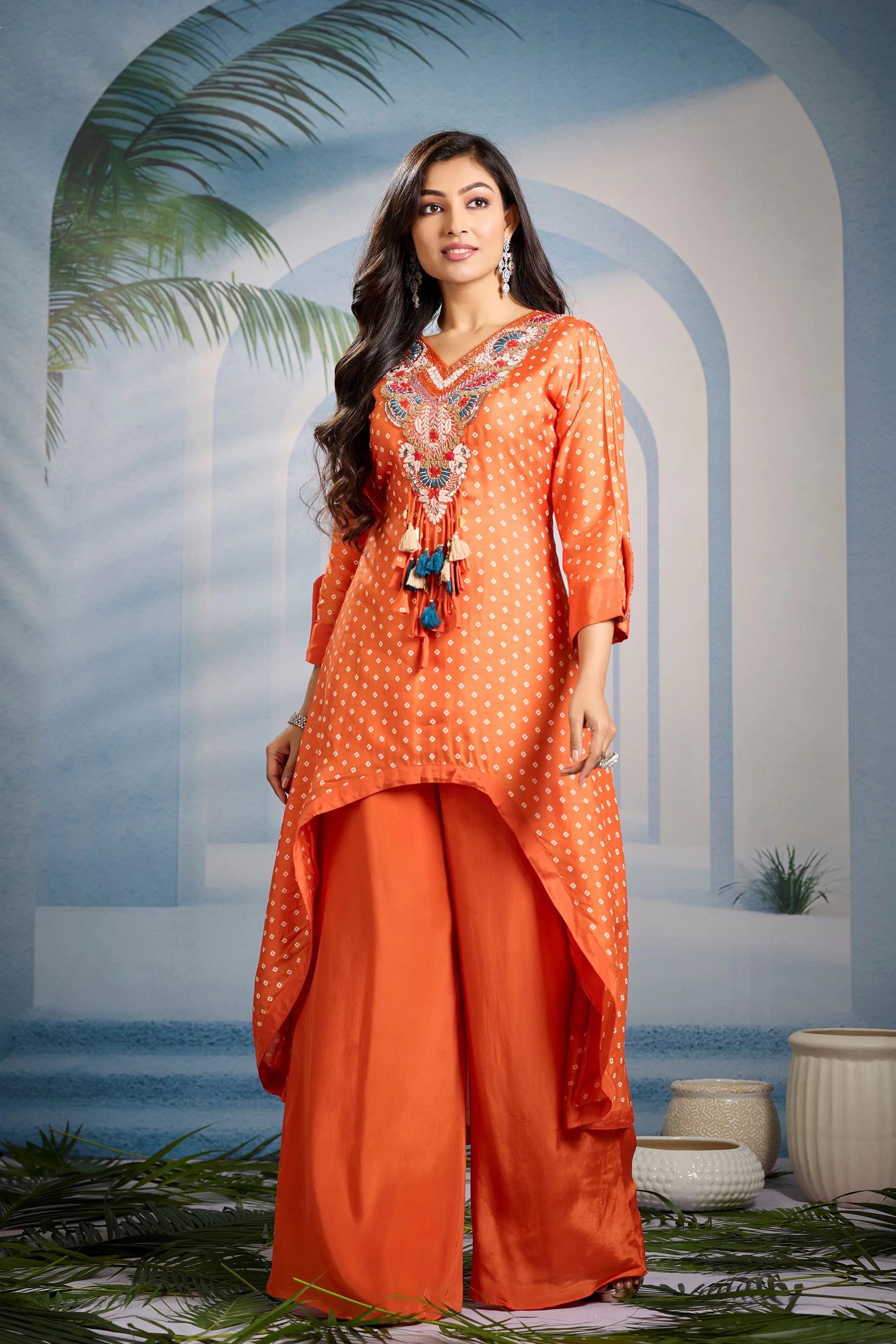 Bright Orange Bandhani Printed Kurta Set