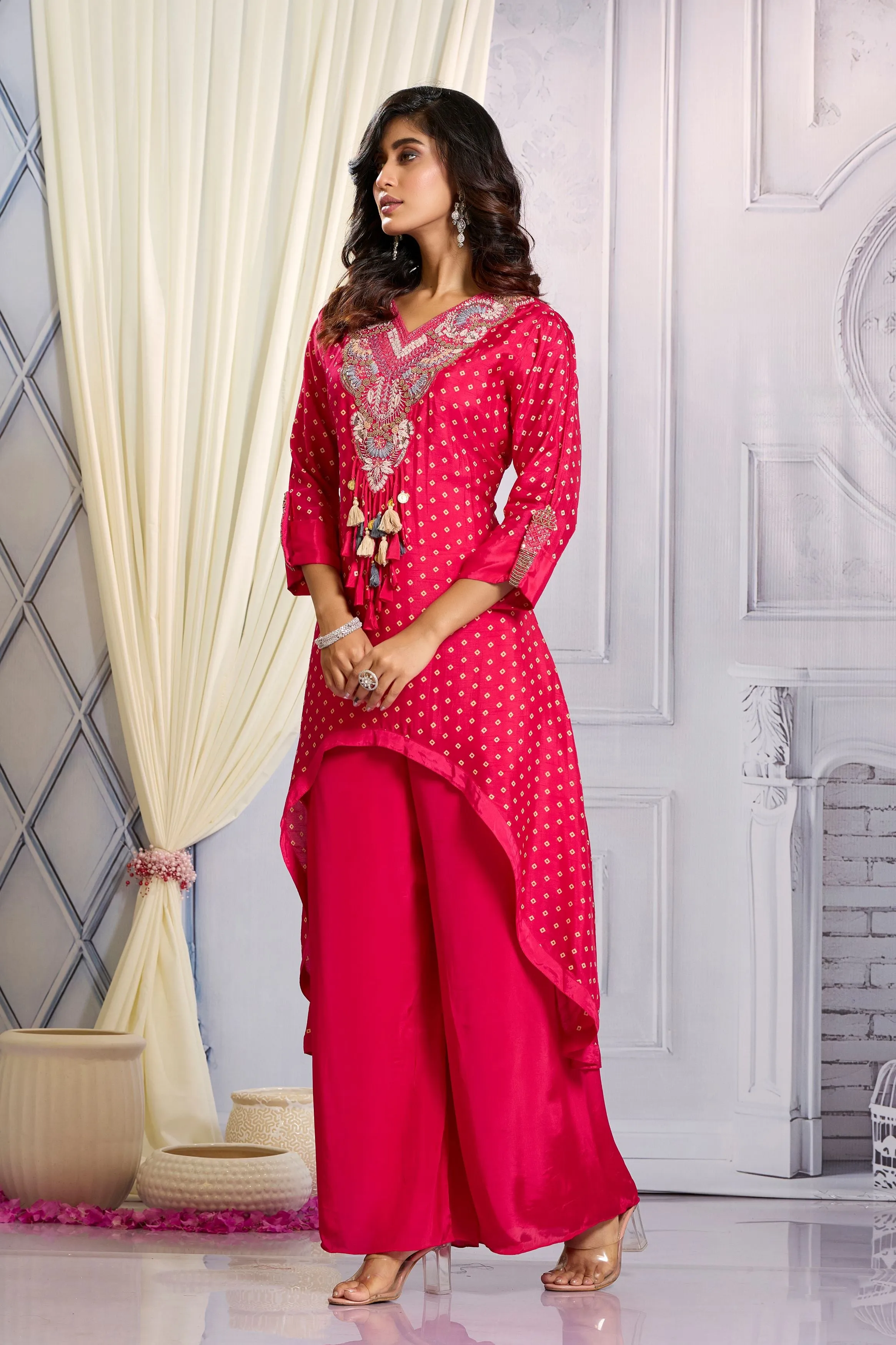 Brink Pink Bandhani Printed Kurta Set