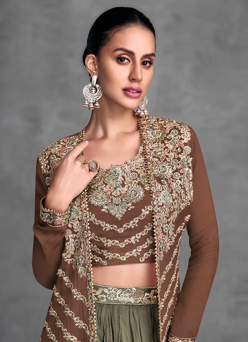 Brown And Olive Embroidered Jacket Style Lehenga Choli