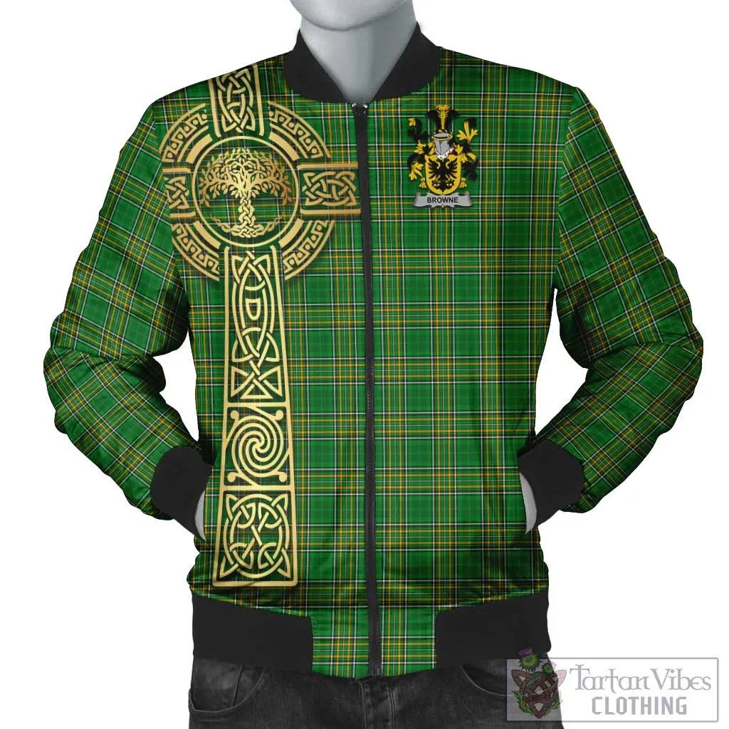 Browne Irish Clan Tartan Bomber Jacket with Coat of Arms Celtic Tree of Life Style