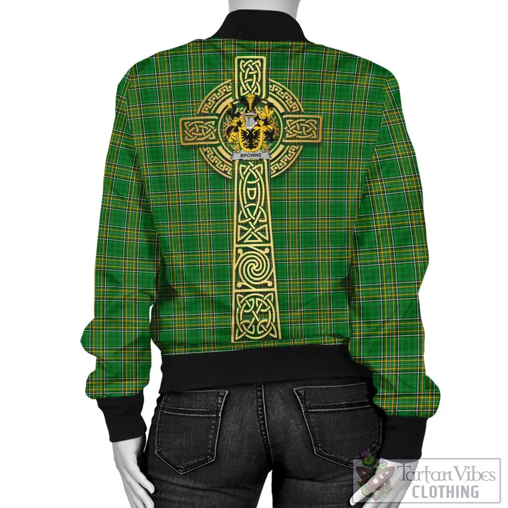 Browne Irish Clan Tartan Bomber Jacket with Coat of Arms Celtic Tree of Life Style