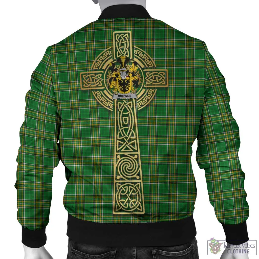 Browne Irish Clan Tartan Bomber Jacket with Coat of Arms Celtic Tree of Life Style