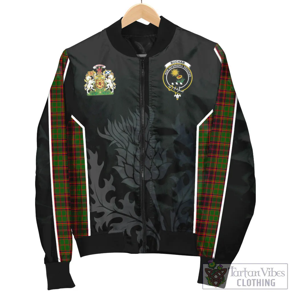 Buchan Tartan Bomber Jacket with Family Crest and Scottish Thistle Vibes Sport Style